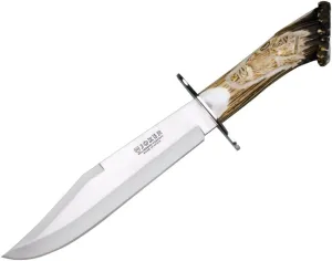 Joker hunting knife CT101, hand-carved deer horn handle, 9.84 inches MOVA Steel blade, includes brown leather sheath, tool for fishing, hunting, camping and hiking