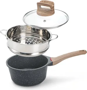 Jucoan 2 Quart Nonstick Saucepan with Lid & Steamer Basket, Small Nonstick Saucepan Cooking Steamer Pot with Pour Spout, Induction Safe, Non Toxic Granite Coating