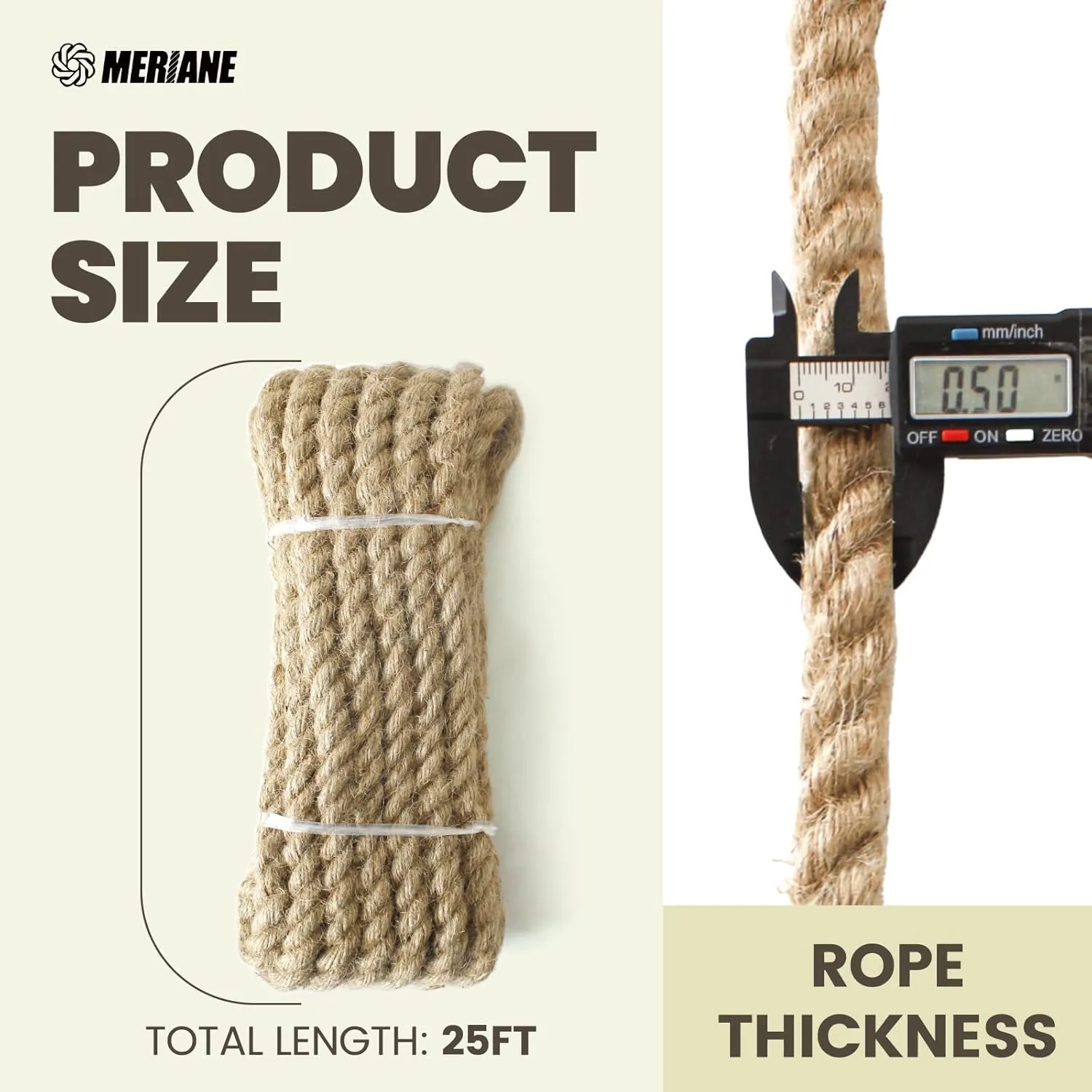 Jute Rope, 1/2 inch x 25 ft, Natural Twisted Manila Ropes, Multipurpose for Indoor/Outdoor Use, Porch Swing Rope, Crafting, Home Decor, Cat Scratch Post