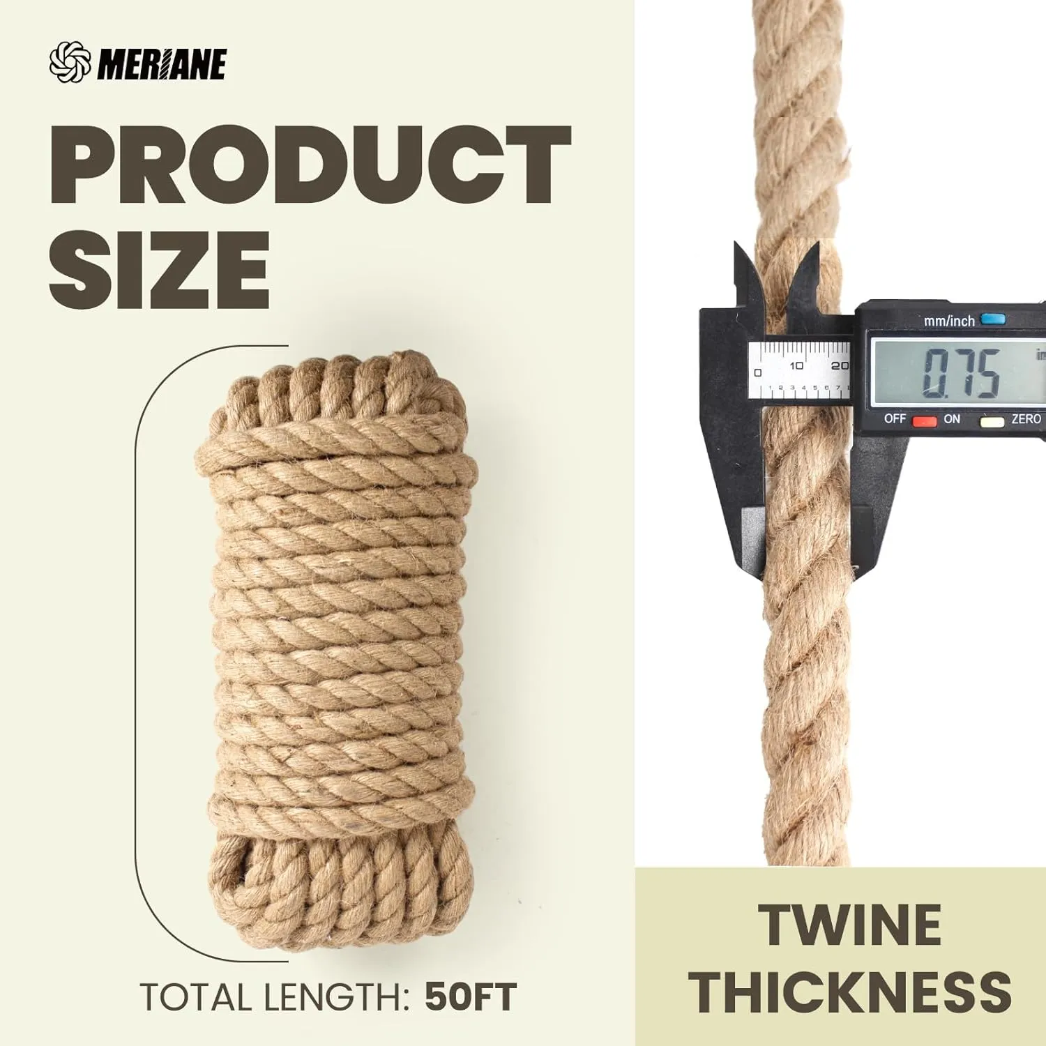 Jute Rope 3/4 inch x 50 ft, Natural Thick Twisted Rope Multipurpose for Indoor and Outdoor Use for Gardening, Crafting, Packing, Bundling, Home Decor, Cat Scratch Post