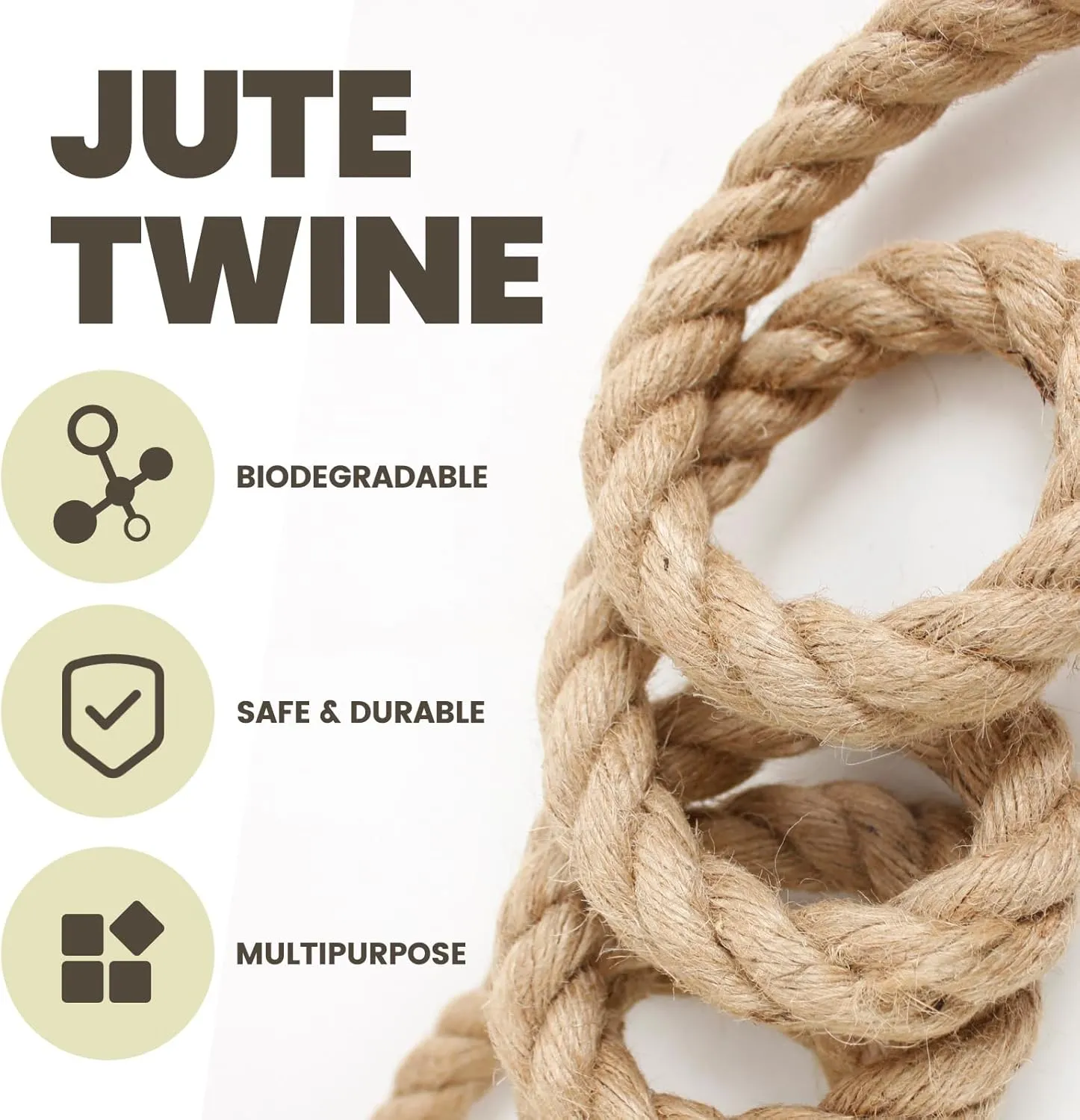 Jute Rope 3/4 inch x 50 ft, Natural Thick Twisted Rope Multipurpose for Indoor and Outdoor Use for Gardening, Crafting, Packing, Bundling, Home Decor, Cat Scratch Post