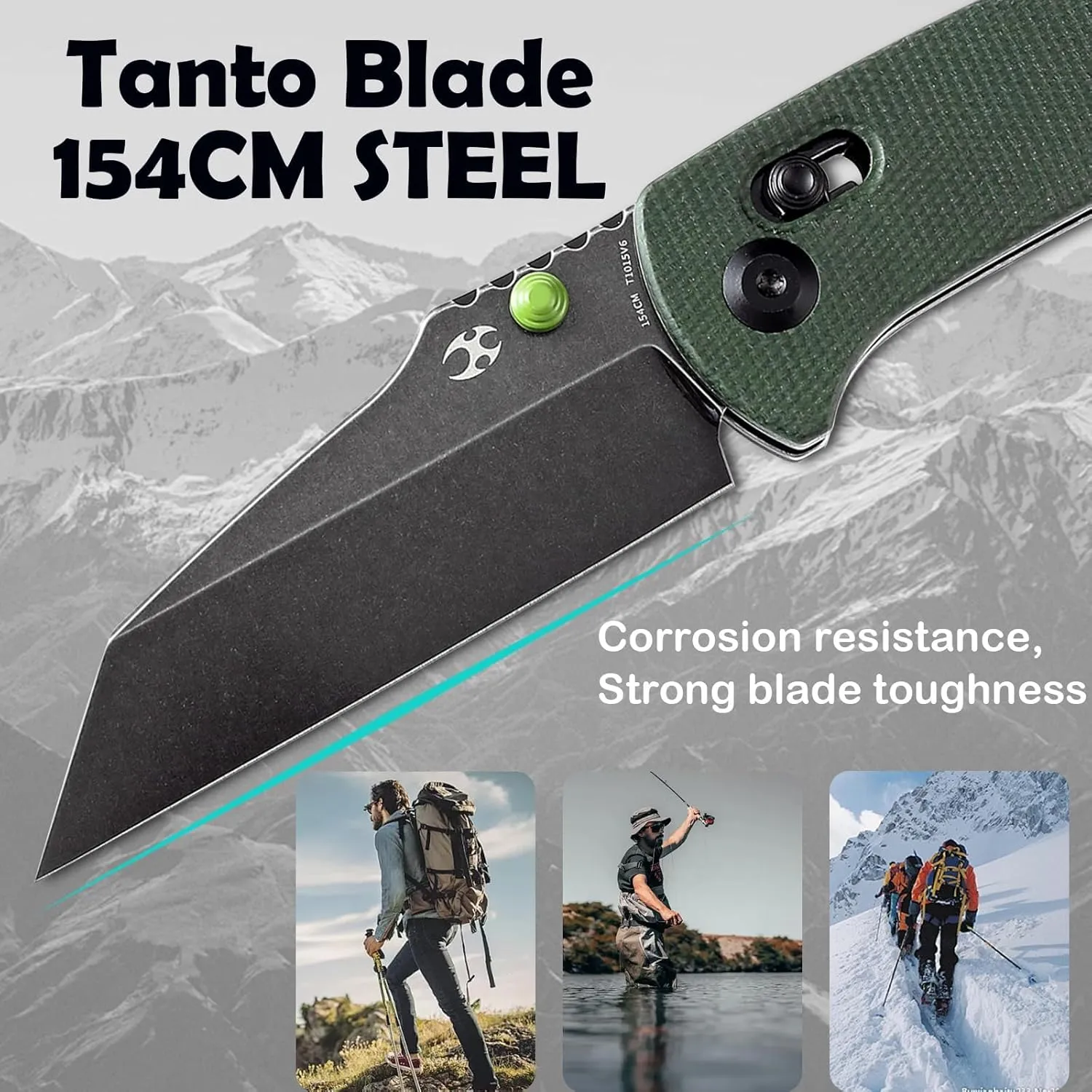 KANSEPT MainStreet Pocket Folding Knive,3.36''Black Ticn Coated 154CM Sharp Steel Blade,Green Micarta Handle with Axis Lock and Thumb Stud,Perfect Clip for Camping Hiking Fishing Everydaycarry T1015v6