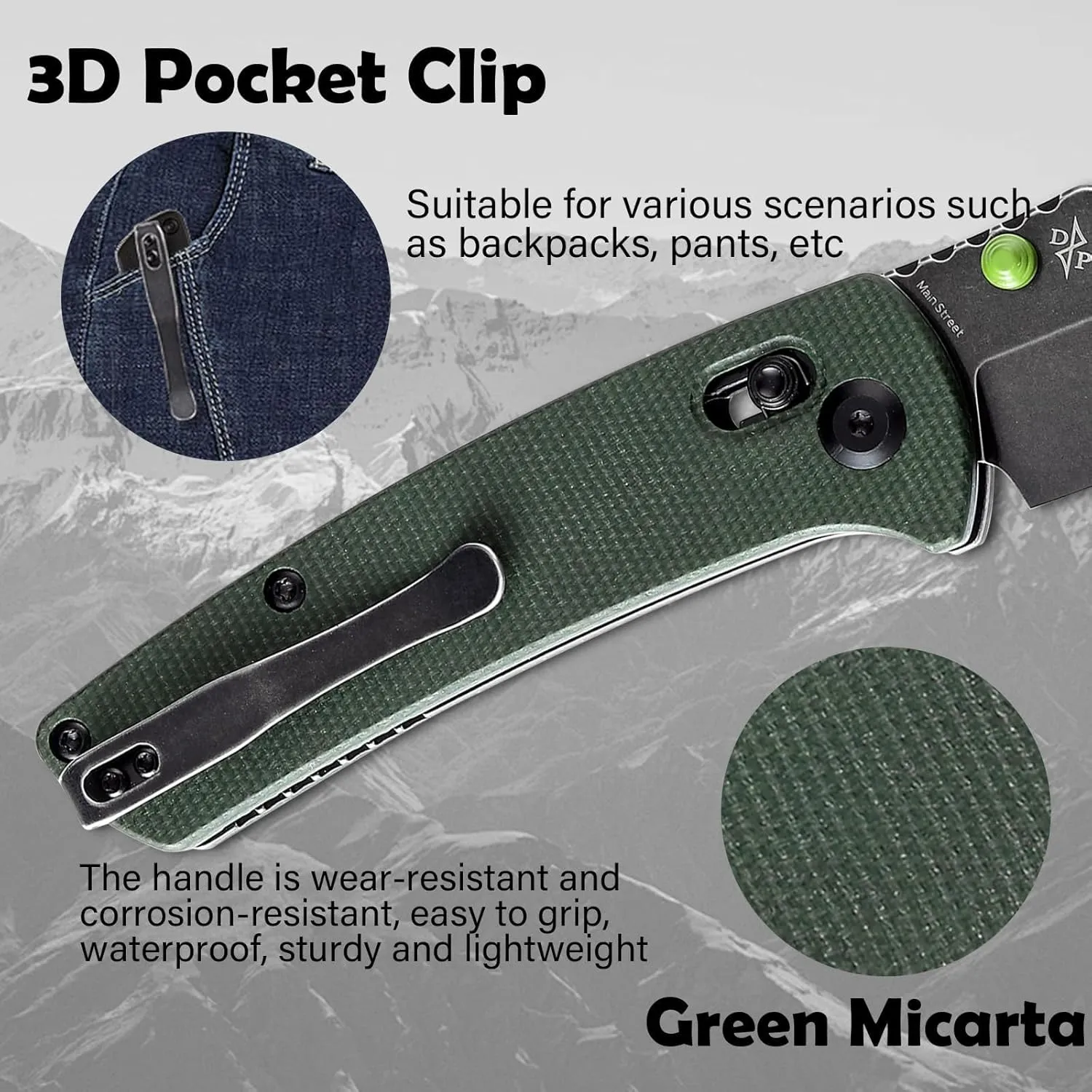 KANSEPT MainStreet Pocket Folding Knive,3.36''Black Ticn Coated 154CM Sharp Steel Blade,Green Micarta Handle with Axis Lock and Thumb Stud,Perfect Clip for Camping Hiking Fishing Everydaycarry T1015v6