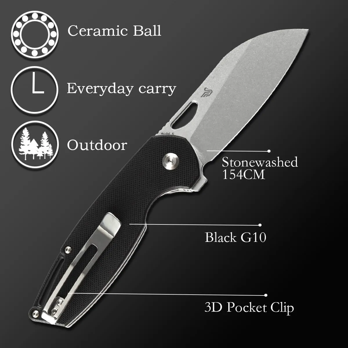 Kansept Model 6 Pocket Folding Knife - 3.1'' 154CM Material with Black G10 Handle - EDC & Camping Folding Knife - T1022A1