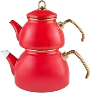 Karaca Retro Enamel Teapot Set, Titanium, Tea Infuser 1.1 L - 2.4 lb, Water Pot 2.3 L - 5.1 lb, Red, Suitable for Induction, Tea Maker, Kettle, Turkish Tea Kettle, Tea Maker