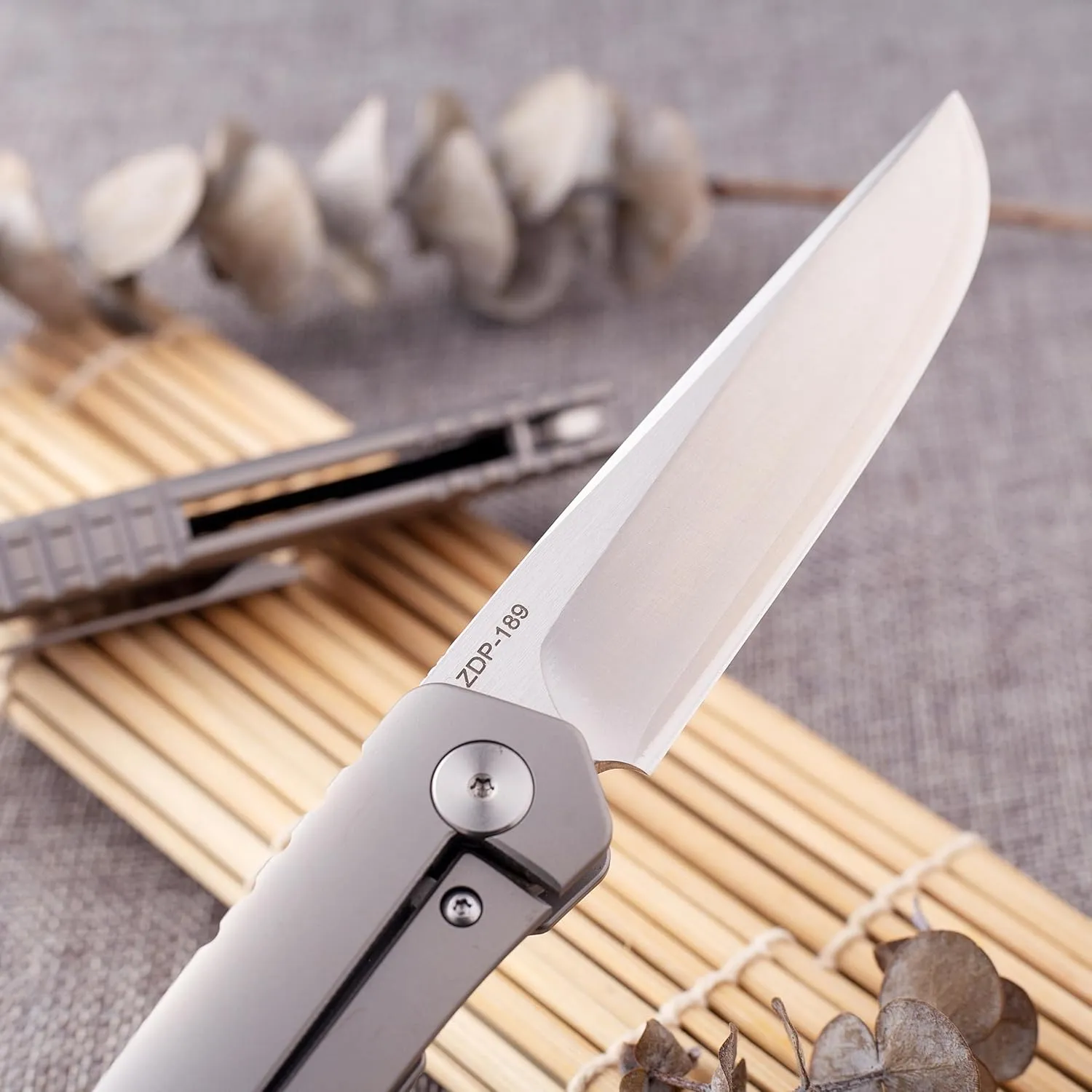 KATSU Folding Pocket Japanese Knife with Clip, Sandblasted Titanium Handle, ZDP-189 Super Steel Convex Grind Blade, Leather Sheath for Men