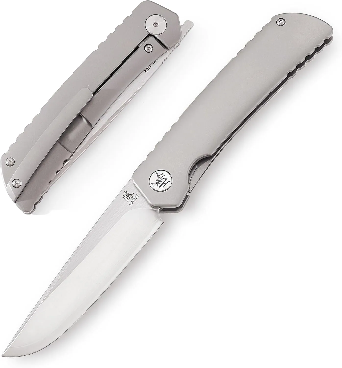 KATSU Folding Pocket Japanese Knife with Clip, Sandblasted Titanium Handle, ZDP-189 Super Steel Convex Grind Blade, Leather Sheath for Men