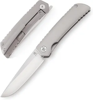 KATSU Folding Pocket Japanese Knife with Clip, Sandblasted Titanium Handle, ZDP-189 Super Steel Convex Grind Blade, Leather Sheath for Men