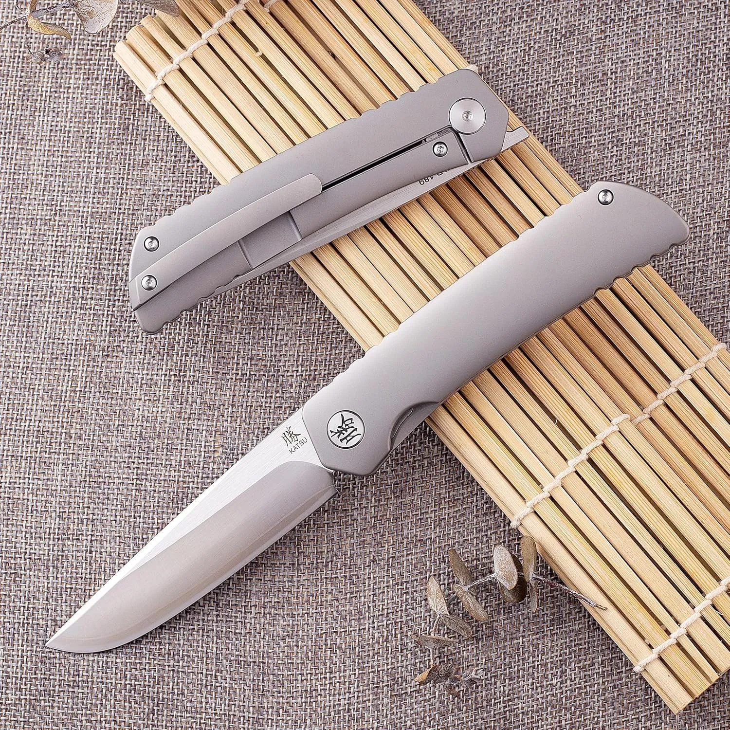 KATSU Folding Pocket Japanese Knife with Clip, Sandblasted Titanium Handle, ZDP-189 Super Steel Convex Grind Blade, Leather Sheath for Men