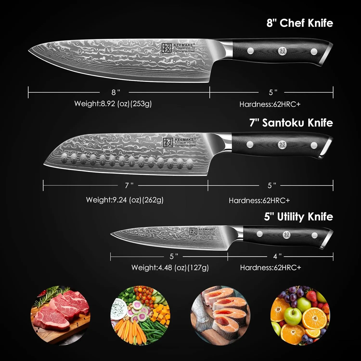 KEEMAKE Damascus Kitchen Knife Set 3 PCS, Sharp Knives Set for Kitchen, 67 Layers Damascus Chef Knives, Japanese Knife Sets with Full Tang Ergonomic Handle, Kitchen Knives for Meat Vegetable
