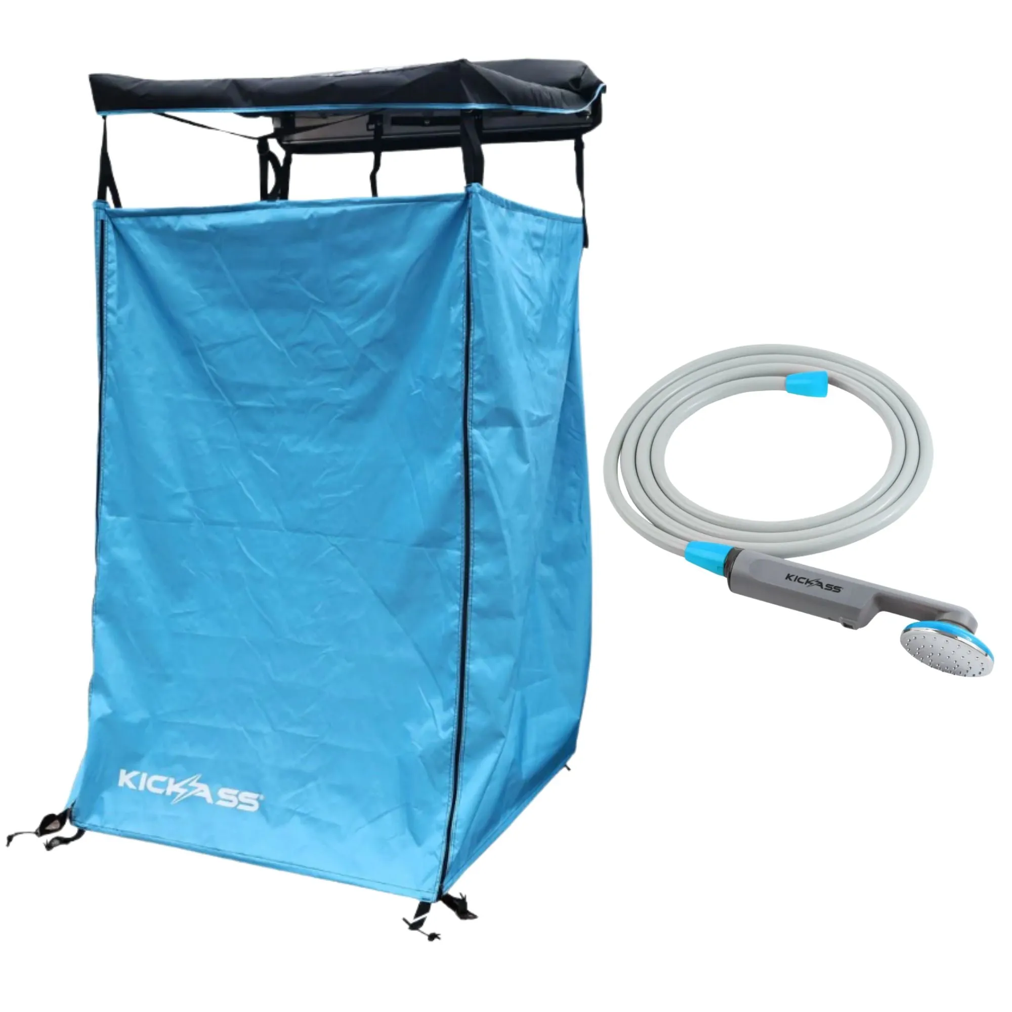 KickAss Portable Camping Shower and Shower Tent Bundle - Blue