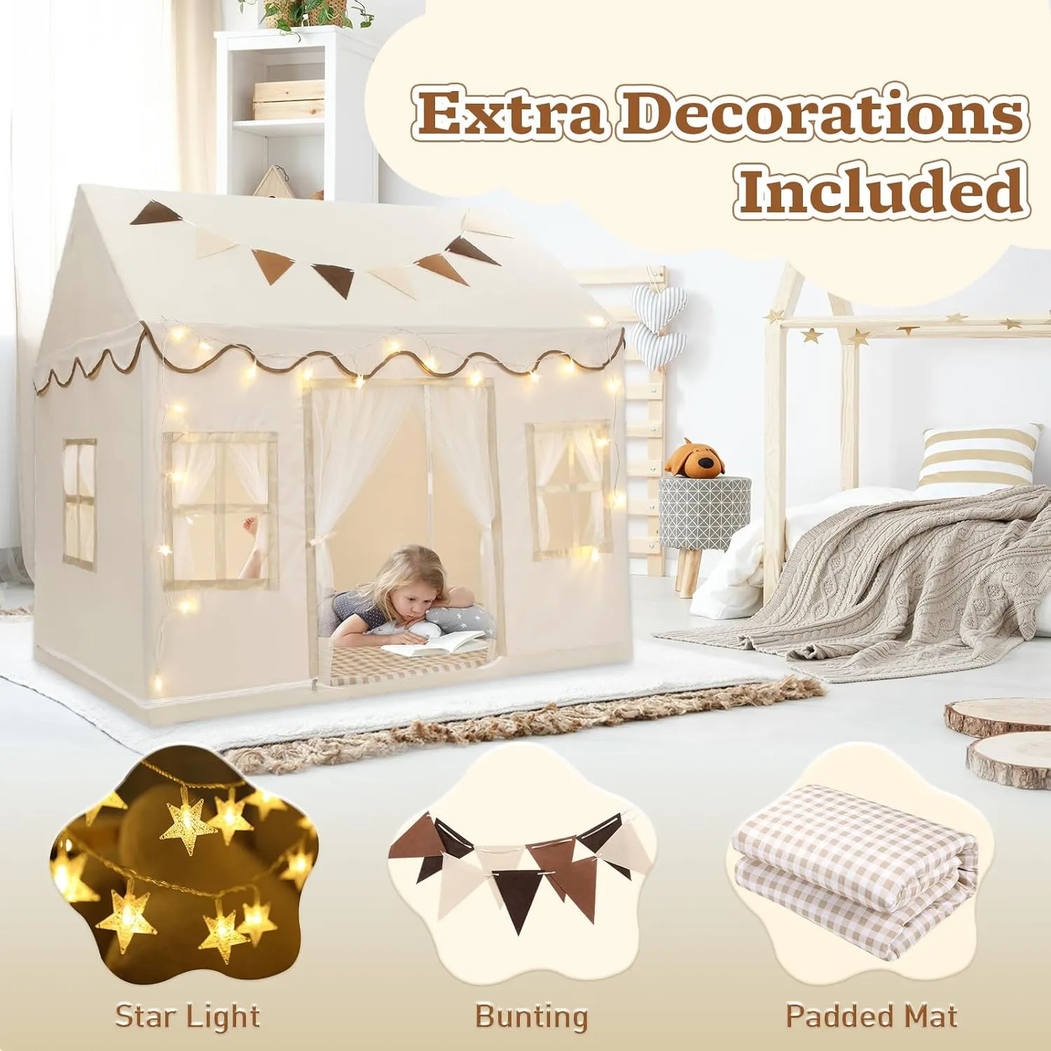 Kids Play Tent, Toddlers Large Playhouse with Mat, Star String, Flag, Machine Washable, Indoor and Outdoor Play Tent for Kids, Girls & Boy Aged 3 , 50" x 34" x 51", Cream