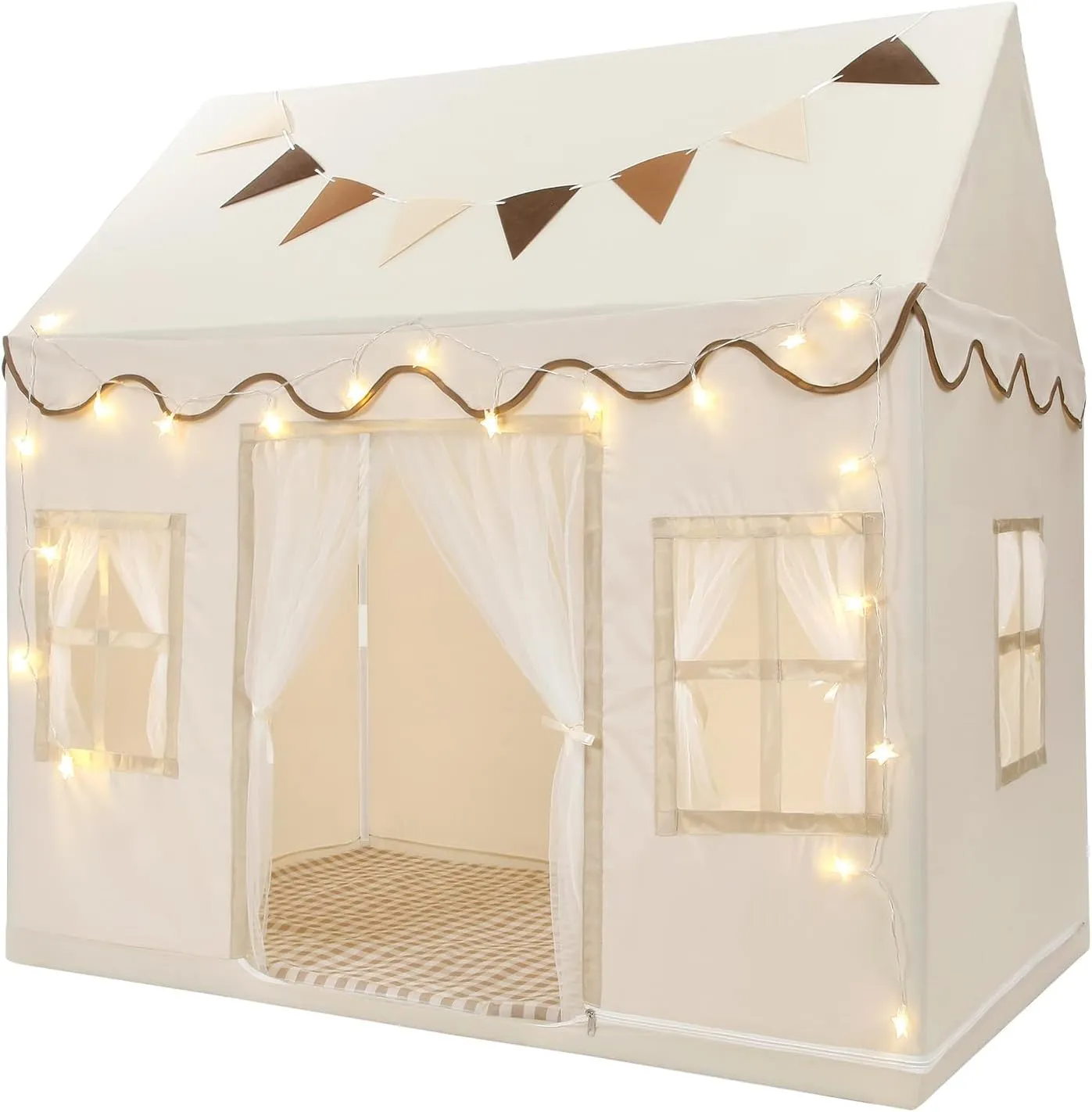 Kids Play Tent, Toddlers Large Playhouse with Mat, Star String, Flag, Machine Washable, Indoor and Outdoor Play Tent for Kids, Girls & Boy Aged 3 , 50" x 34" x 51", Cream