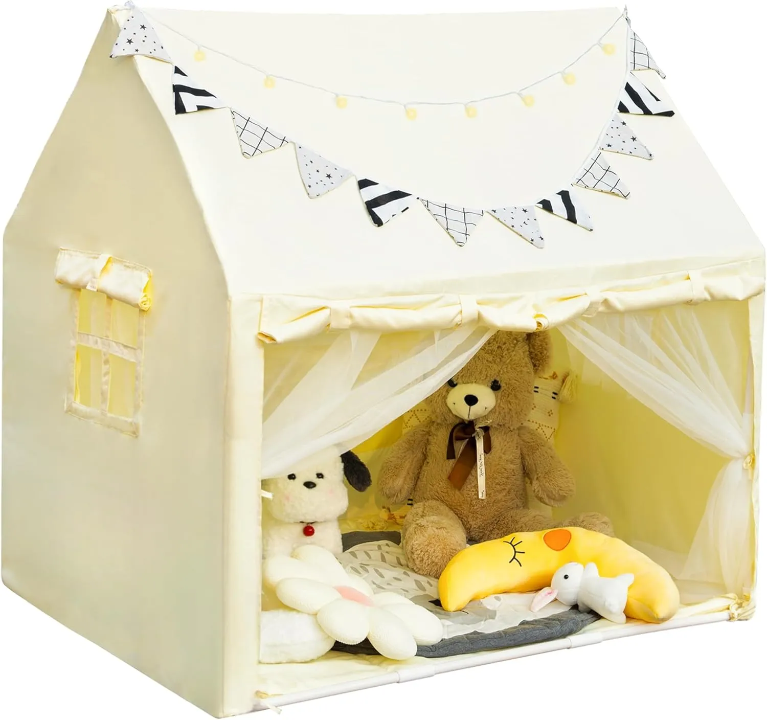 Kids PlayTent with 2 Built-in Storage Organizer Star Lights Mat Kids Tent Indoor DIY Decoration Playhouse for Toddler Boy and Girl Christmas Birthday