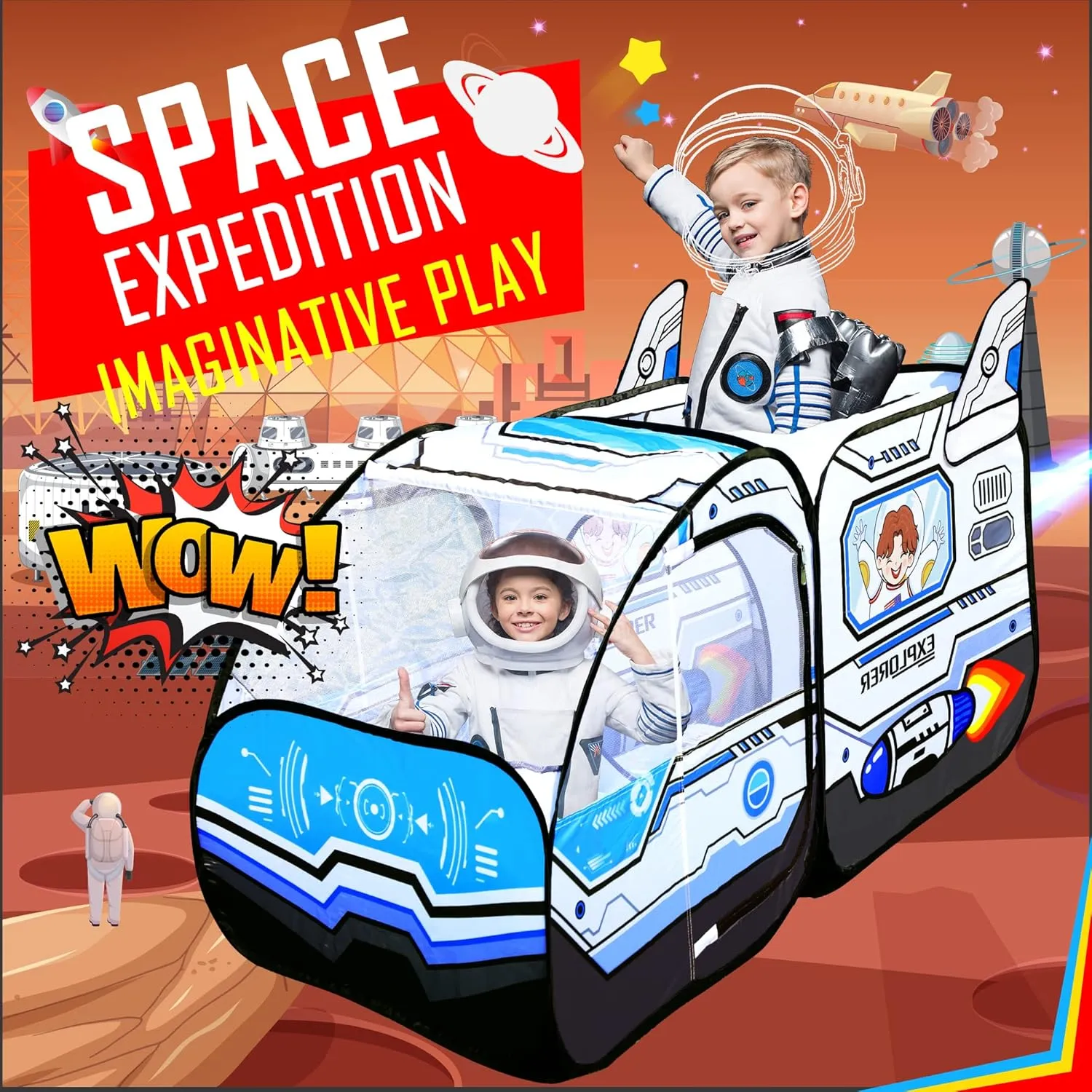 Kids Pop Up Play Tent - Spaceship Indoor Outdoor Rocket Ship Playhouse Games Party Foldable Tent Birthday Toy for Boys Girls Toddler
