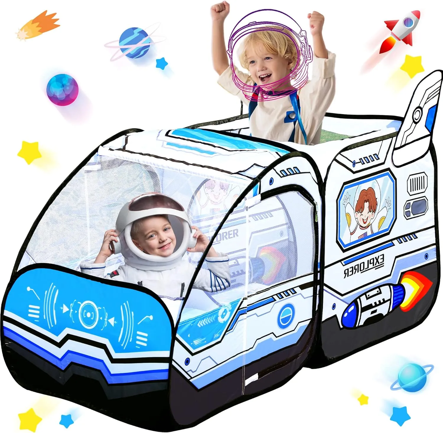 Kids Pop Up Play Tent - Spaceship Indoor Outdoor Rocket Ship Playhouse Games Party Foldable Tent Birthday Toy for Boys Girls Toddler