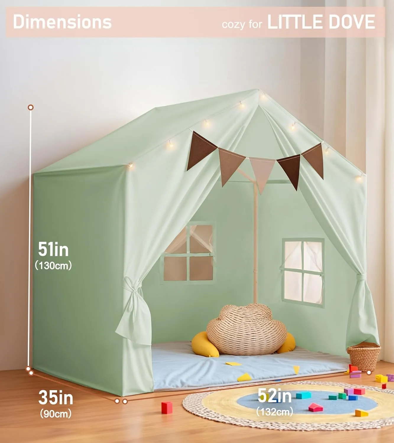 Kids Tent, Play Tent with Padded Mat and Lights, Large Play Tents with 2 Windows, Kids Playhouse Indoor & Outdoor, Reading Nook, Christmas Toddler Tents for Girls & Boys, 52" x35" x 51", Green