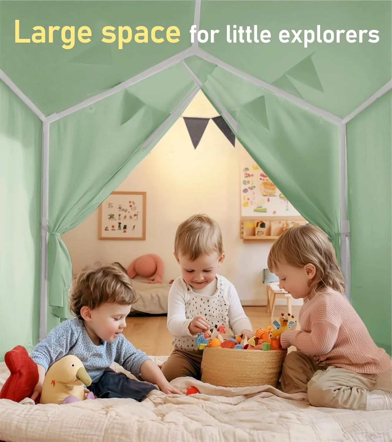 Kids Tent, Play Tent with Padded Mat and Lights, Large Play Tents with 2 Windows, Kids Playhouse Indoor & Outdoor, Reading Nook, Christmas Toddler Tents for Girls & Boys, 52" x35" x 51", Green