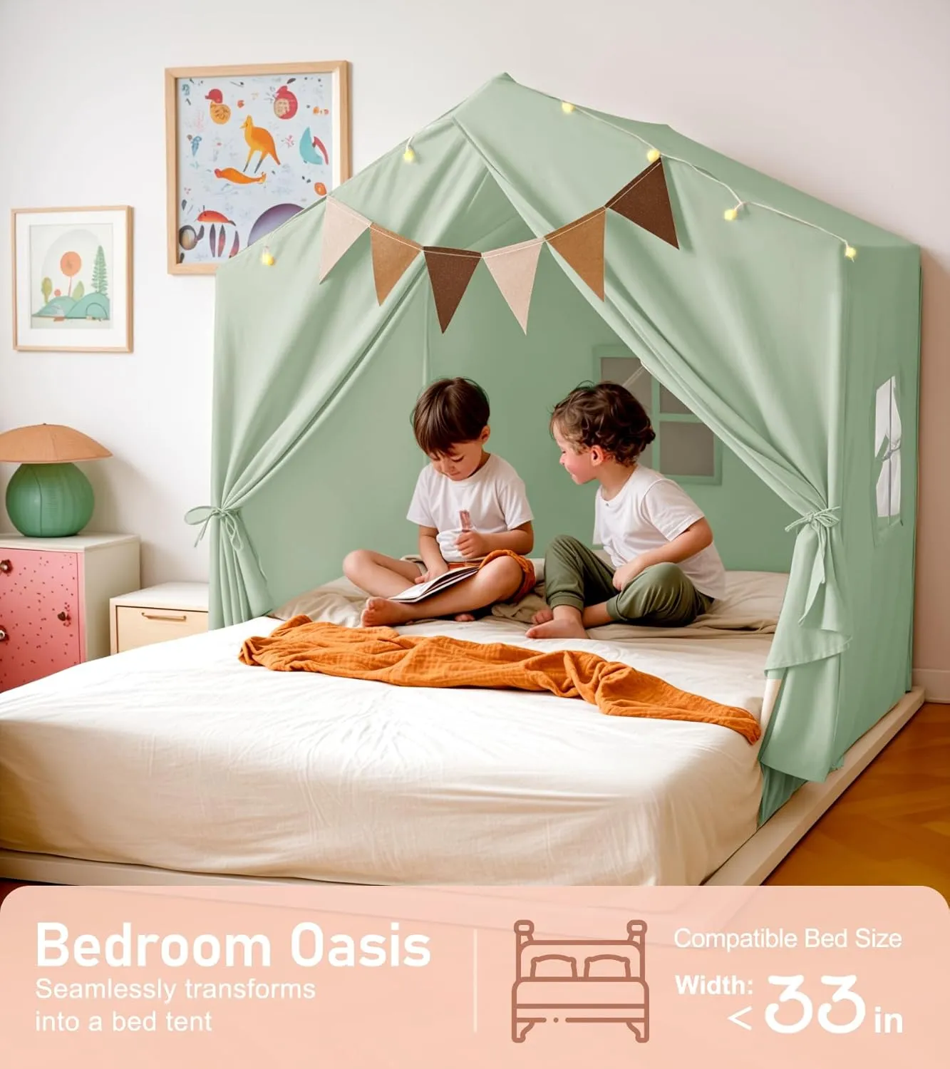 Kids Tent, Play Tent with Padded Mat and Lights, Large Play Tents with 2 Windows, Kids Playhouse Indoor & Outdoor, Reading Nook, Christmas Toddler Tents for Girls & Boys, 52" x35" x 51", Green