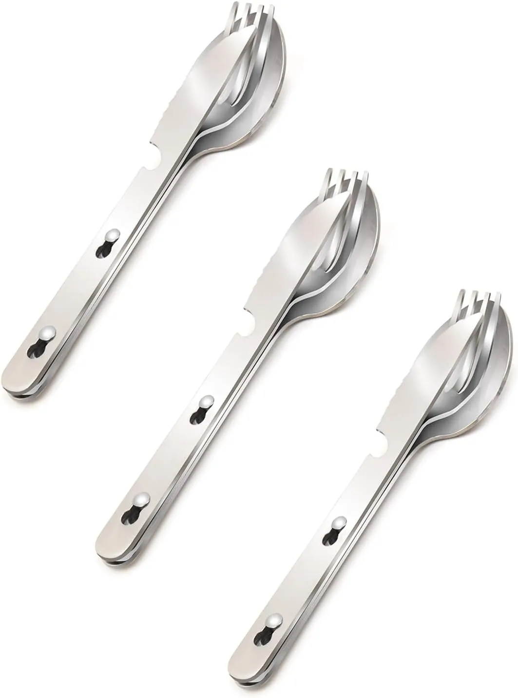KINLINK 4-in-1 Camping Utensils 3-Pack, Portable Stainless Steel Spoon, Fork, Knife & Bottle Opener Combo Set, Travel/Camping/Hiking/Picnic/Barbecue/Outdoor Backpacking Utensils with Carrying Bag