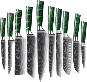 Kitchen Knife Sets, Damascus Laser Chef KnifeJapanese Knife Cooking Chef Knife Meat Slicing Knife Sashimi Twosun Knife Green Twig Cooking Tools (Color : 10pcs)
