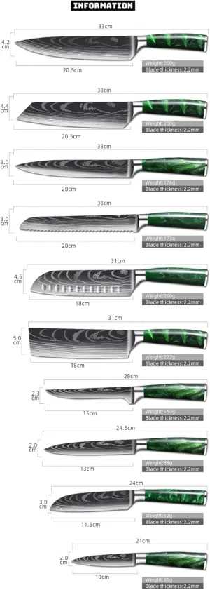 Kitchen Knife Sets, Damascus Laser Chef KnifeJapanese Knife Cooking Chef Knife Meat Slicing Knife Sashimi Twosun Knife Green Twig Cooking Tools (Color : 8pcs)