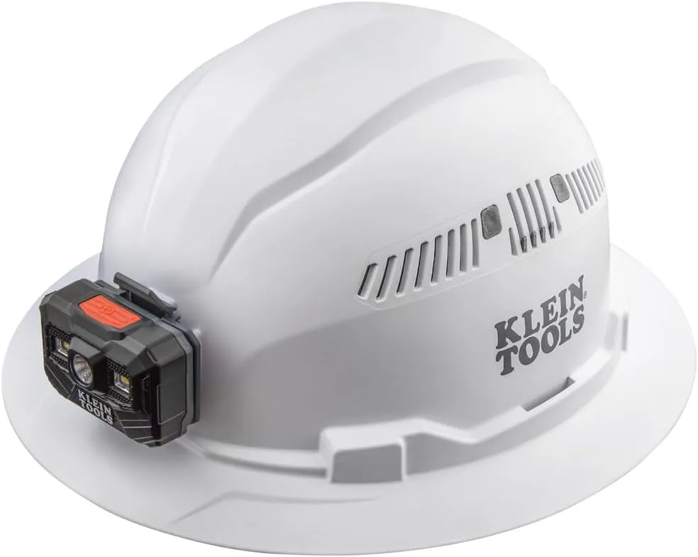 Klein Tools 60407RL Hard Hat, Rechargeable Headlamp, Vented, Full Brim Style, Padded Self-Wicking Odor-Resistant Sweatband, White