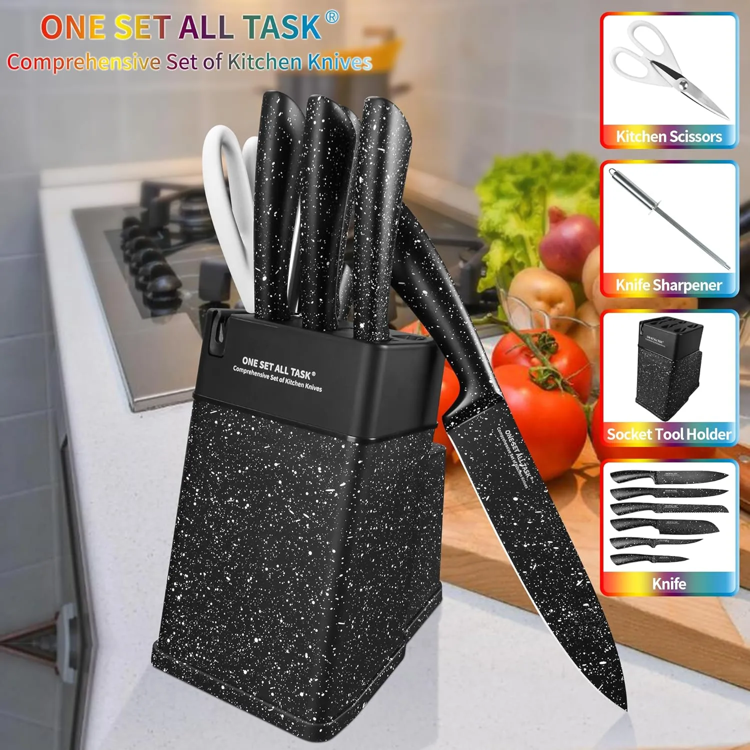 Knife Set with Block, High Carbon Stainless Steel Knife Block Set, Kitchen Knife Block Set with Built in Sharpener, Scissor, Chef, Bread, Santoku, Fruit, Boning, Serrated Bread Knife Set