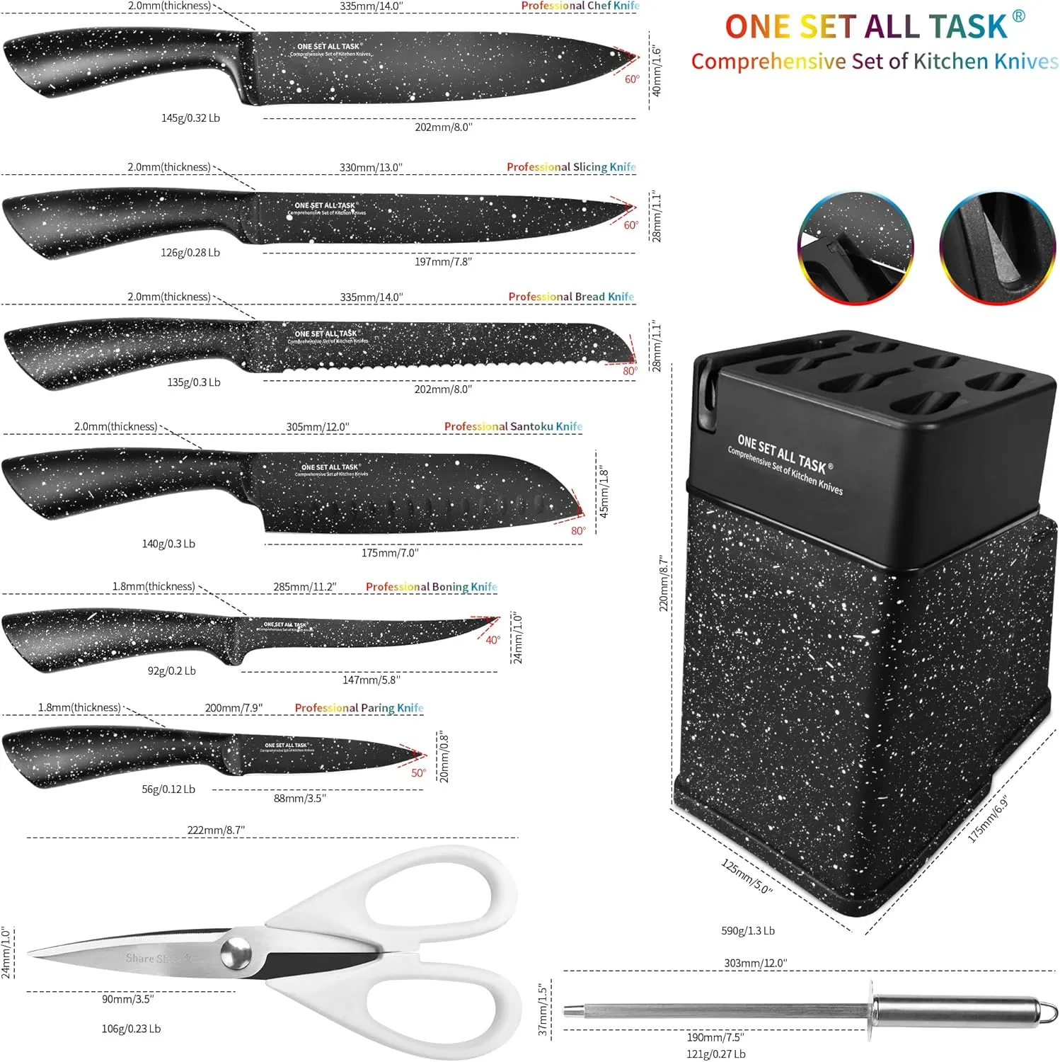 Knife Set with Block, High Carbon Stainless Steel Knife Block Set, Kitchen Knife Block Set with Built in Sharpener, Scissor, Chef, Bread, Santoku, Fruit, Boning, Serrated Bread Knife Set