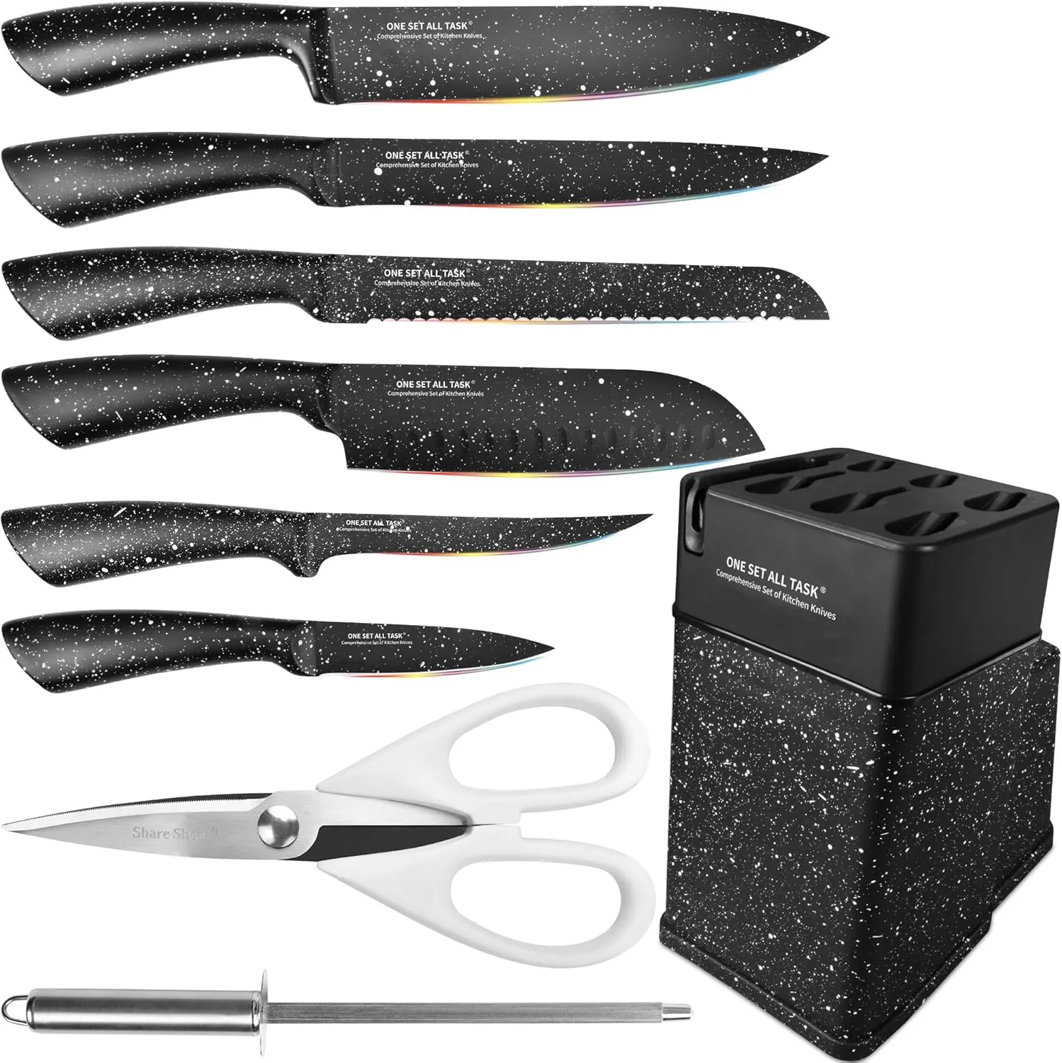 Knife Set with Block, High Carbon Stainless Steel Knife Block Set, Kitchen Knife Block Set with Built in Sharpener, Scissor, Chef, Bread, Santoku, Fruit, Boning, Serrated Bread Knife Set
