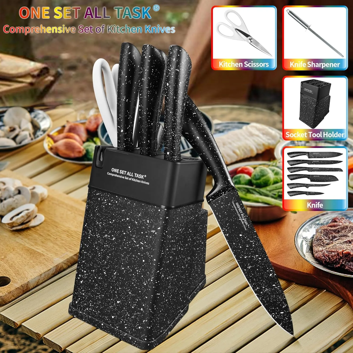 Knife Set with Block, High Carbon Stainless Steel Knife Block Set, Kitchen Knife Block Set with Built in Sharpener, Scissor, Chef, Bread, Santoku, Fruit, Boning, Serrated Bread Knife Set