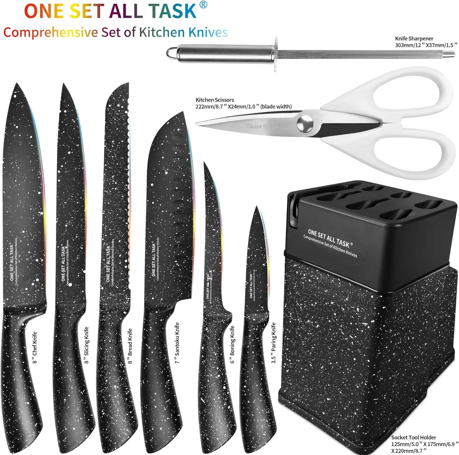 Knife Set with Block, High Carbon Stainless Steel Knife Block Set, Kitchen Knife Block Set with Built in Sharpener, Scissor, Chef, Bread, Santoku, Fruit, Boning, Serrated Bread Knife Set