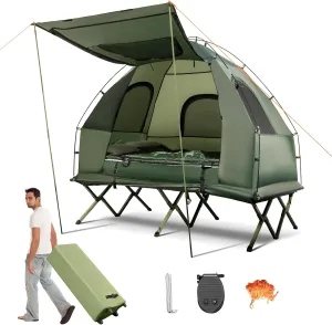 KOTEK 5-in-1 Tent Cot with Air Mattress, Sleeping Bag, Pillow, Canopy, Zippered Mesh Windows & Carry Bag, Elevated Tent for Camping, Hiking, Traveling, Picnic