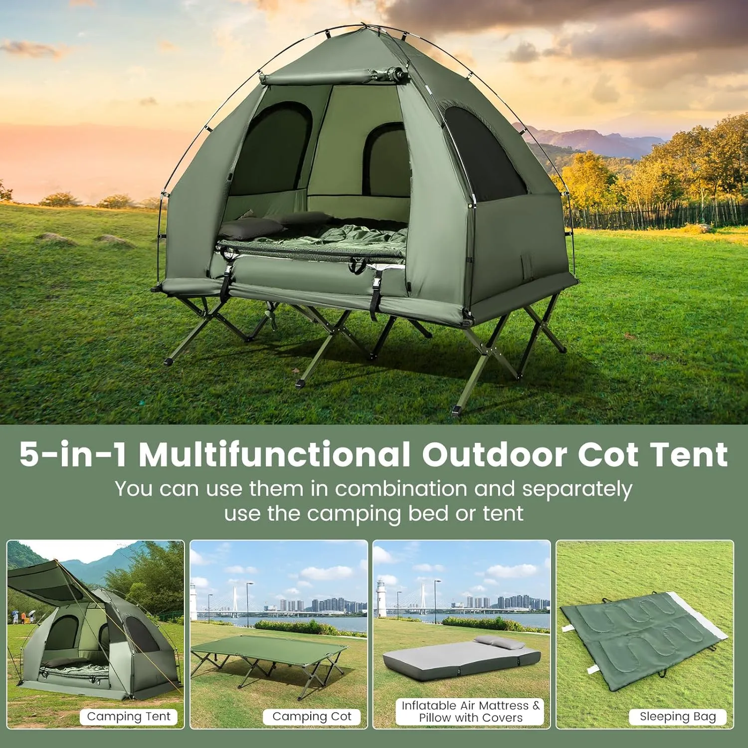 KOTEK 5-in-1 Tent Cot with Air Mattress, Sleeping Bag, Pillow, Canopy, Zippered Mesh Windows & Carry Bag, Elevated Tent for Camping, Hiking, Traveling, Picnic