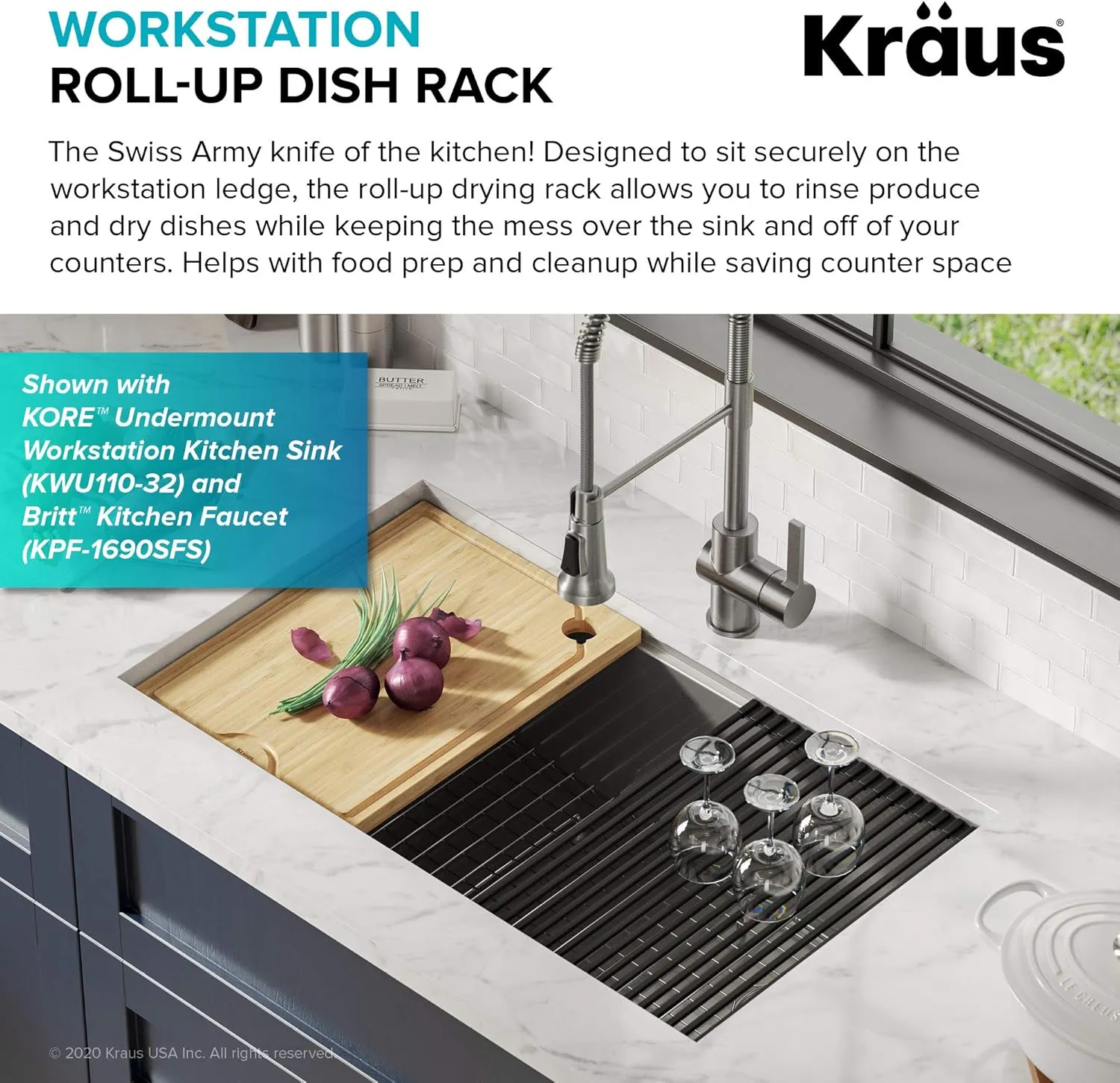 Kraus Multipurpose Workstation Sink Roll-Up Dish Drying Rack, Colander and Trivet in Red, KRM-11RD