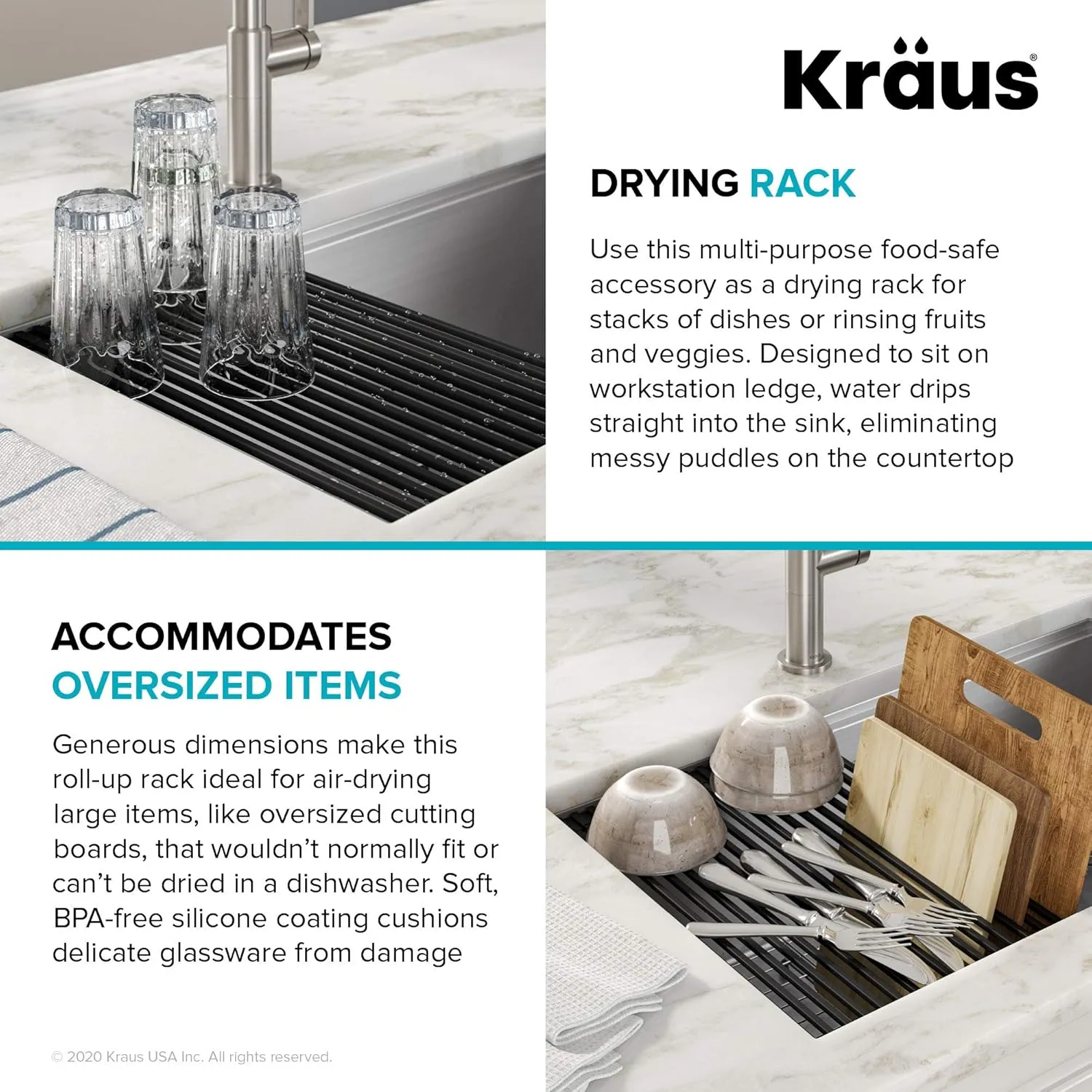 Kraus Multipurpose Workstation Sink Roll-Up Dish Drying Rack, Colander and Trivet in Red, KRM-11RD