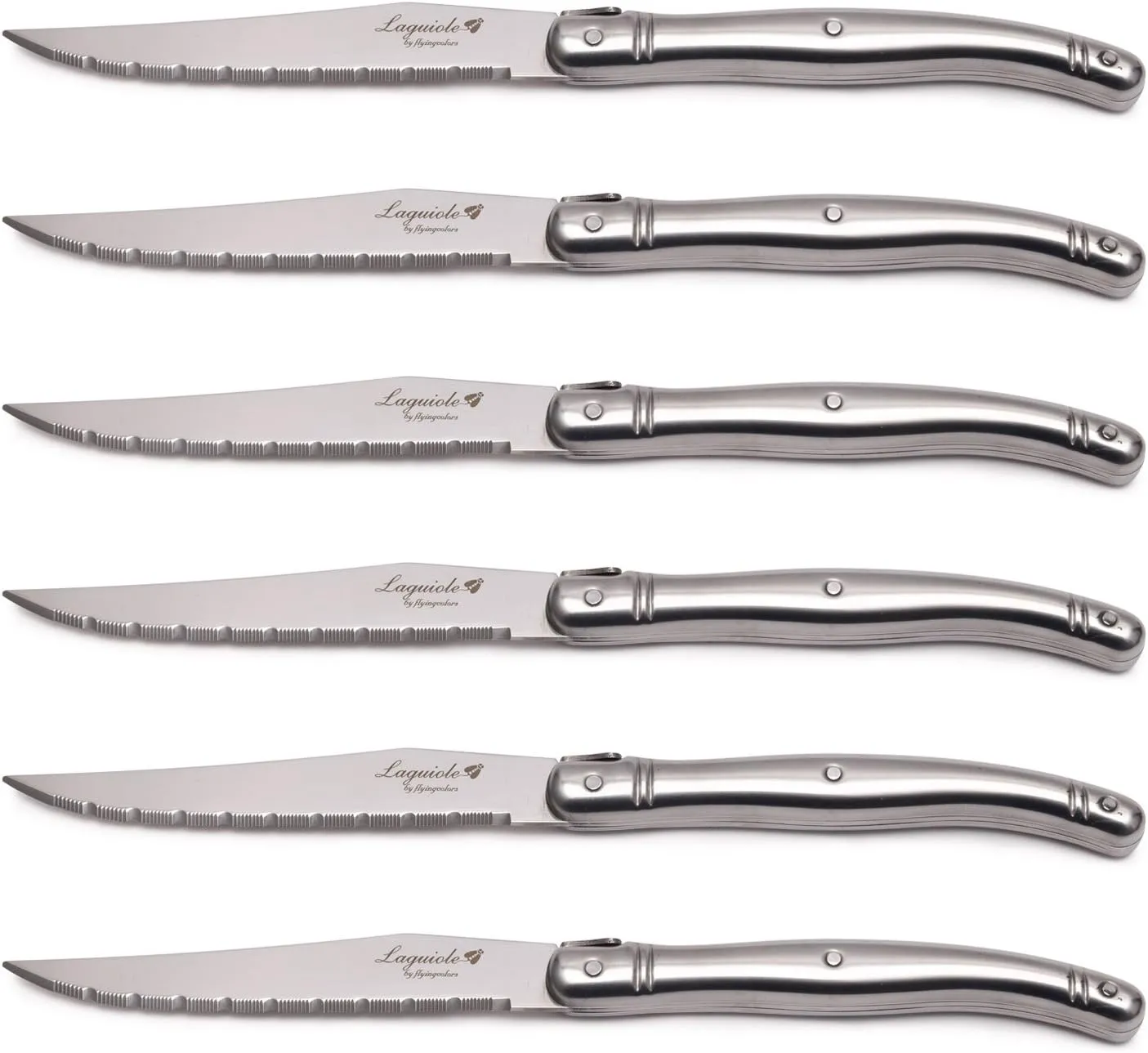 Laguiole By FlyingColors Steak Knife Set. Wood Block, Color Handle, 6 Pieces (Stainless Steel)