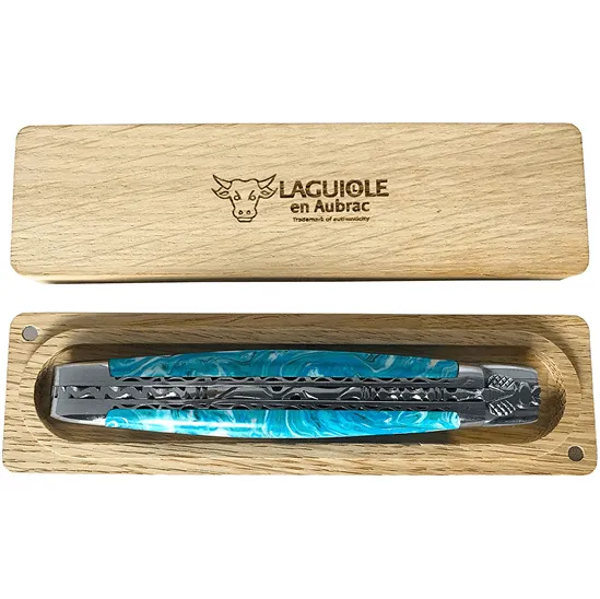 Laguiole en Aubrac Handcrafted Luxury Double Plates Multipurpose Knife with Larimar Handle, 4.75-inches