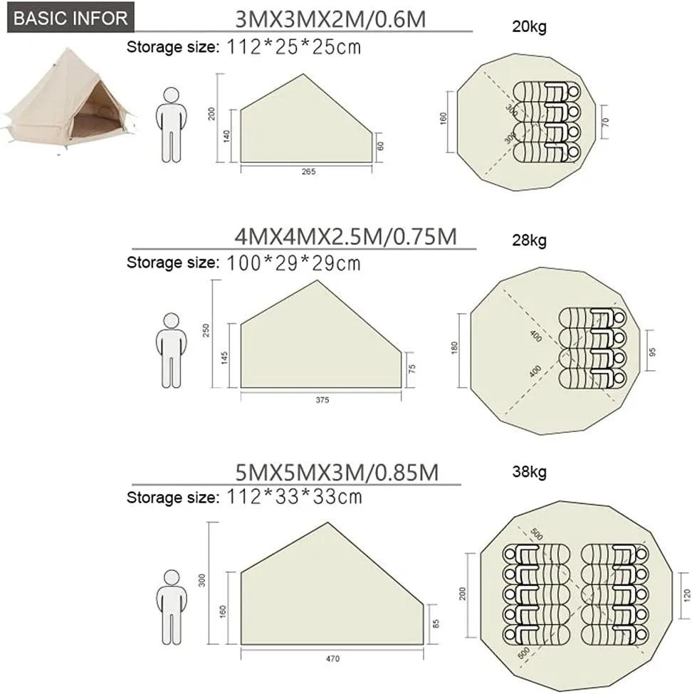 Large Camping Tent Bell Tent with Stove Hole Cotton Canvas Tents Yurt Tent 4 Season Waterproof Indian Tent for Family Camping Outdoor Hunting (Cotton 4M) (Cotton 3M)