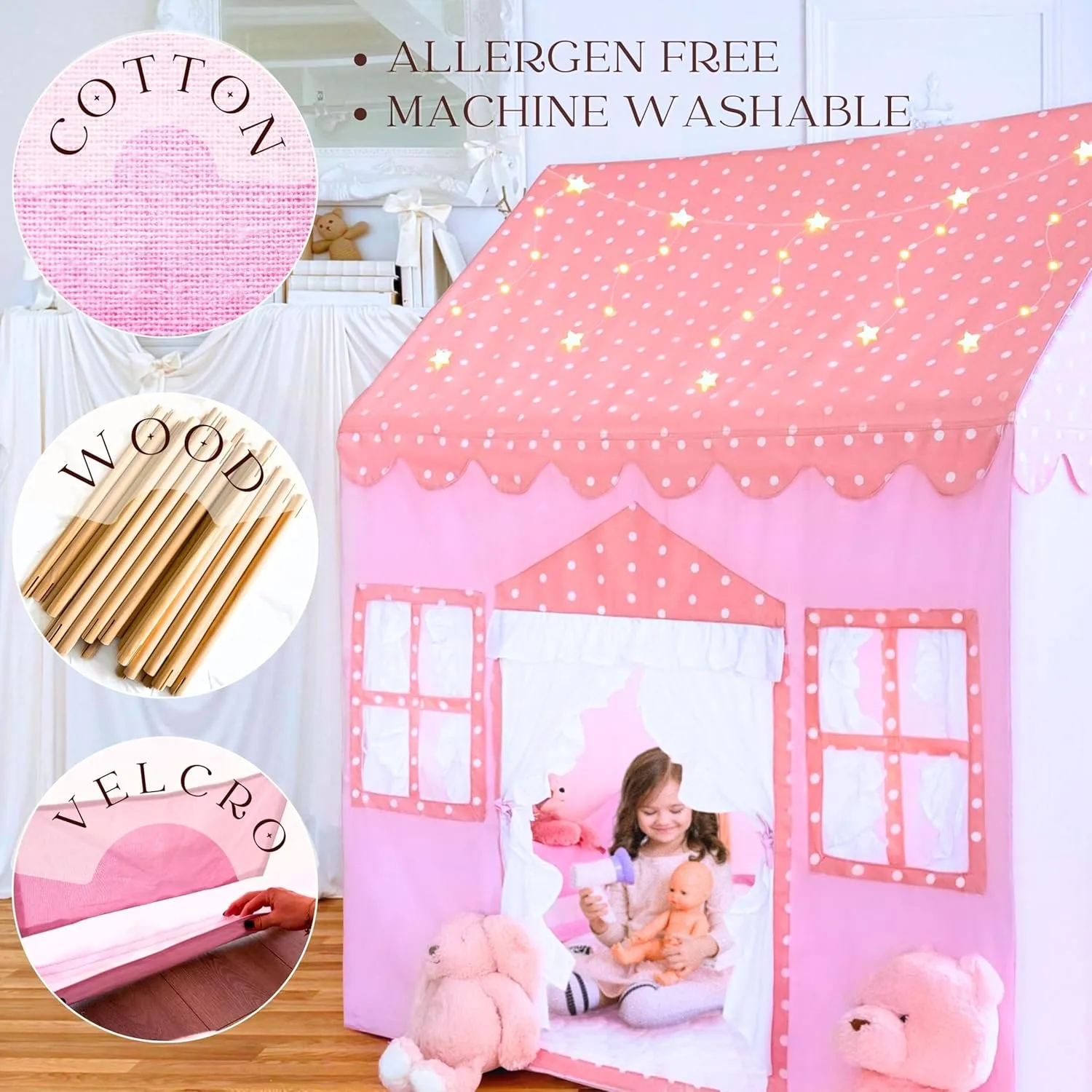 Large Cotton Tent for Kids - 50"x43"x63" Indoor Playhouse with Wooden Frame & Battery Lights, Kids Tent with Carry Bag, 3 Windows & 2 Pockets, CPSC Certified Play House for Girls and Boys