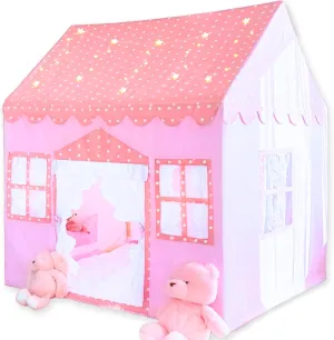 Large Cotton Tent for Kids - 50"x43"x63" Indoor Playhouse with Wooden Frame & Battery Lights, Kids Tent with Carry Bag, 3 Windows & 2 Pockets, CPSC Certified Play House for Girls and Boys