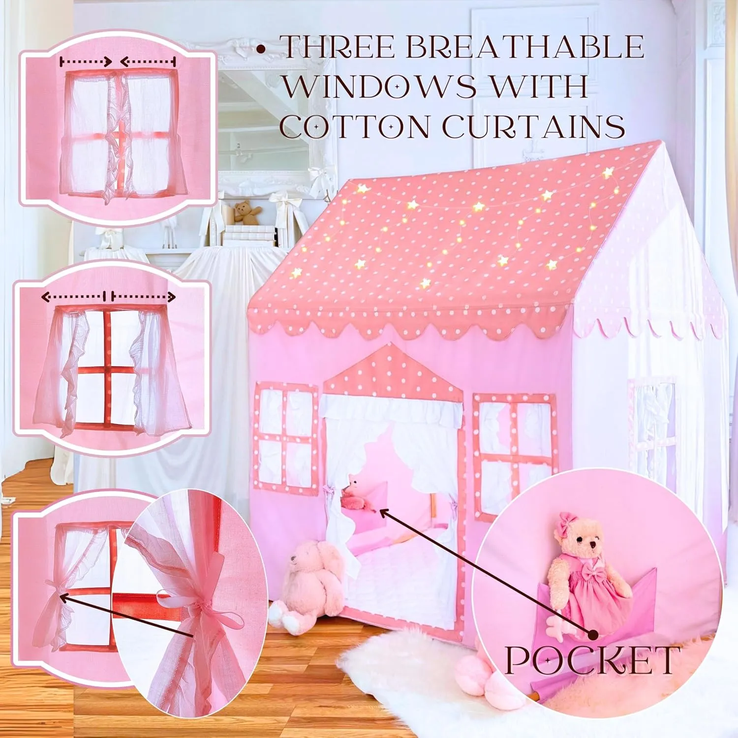 Large Cotton Tent for Kids - 50"x43"x63" Indoor Playhouse with Wooden Frame & Battery Lights, Kids Tent with Carry Bag, 3 Windows & 2 Pockets, CPSC Certified Play House for Girls and Boys