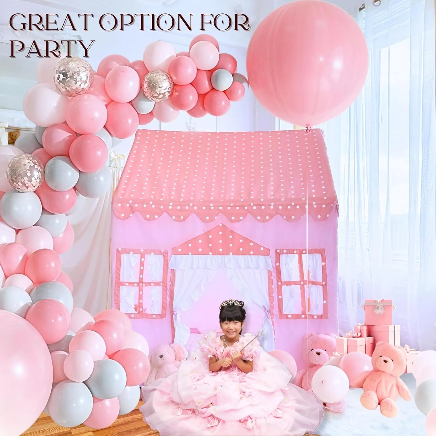 Large Cotton Tent for Kids - 50"x43"x63" Indoor Playhouse with Wooden Frame & Battery Lights, Kids Tent with Carry Bag, 3 Windows & 2 Pockets, CPSC Certified Play House for Girls and Boys