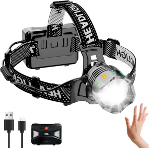 LED Headlamp, 120000LM Headband Headlamps, 10H Long Battery Life, Zoomable, 90° Adjustable Weatherproof Headlight for Outdoor Camping, Hiking, Cycling, Hunting - 3 Modes, Motion Sensor, Power Bank
