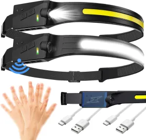 LED Headlamp, 2 Pack Rechargeable Head Lamp Flashlight Motion Sensor, flex pro lightbar 270° Wide Beam Bright headband, COB XPE Lightweight Waterproof Head Light for Outdoor Running Camping Hiking
