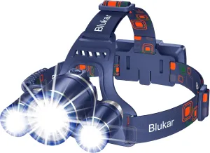 LED Headlamp, 8000L Super Bright Rechargeable Headlight Flashlight - 3 Lights 5 Modes,Zoomable,Spotlight&Floodlight Combination, IPX6 Waterproof, 20 Hrs Runtime for Running,Hiking etc-Blue