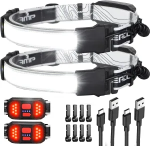 LED Headlamp Flashlight, 1000L 230° Broadbeam Headlight, USB C Rechargeable Head Lamp with Red Taillight, Lightweight Waterproof Headlamps for Camping Running Hiking, Hard Hat Headlamp 2Pack