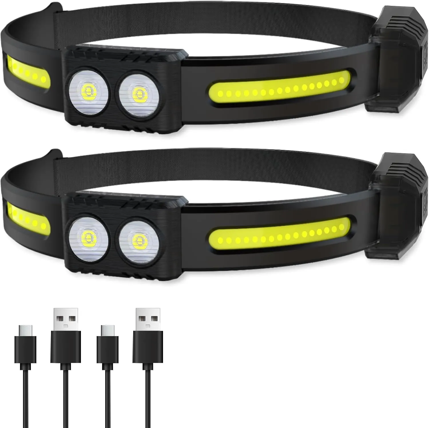 LED Headlamp Rechargeable 2 Pack, 230° Wide Beam Super Bright Head Lamp with Red Light and Motion Sensor, 6 Modes Headlamps for Adults Running, Camping, Hard Hat
