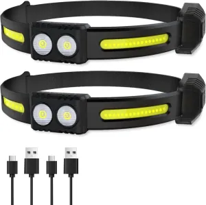 LED Headlamp Rechargeable 2 Pack, 230° Wide Beam Super Bright Head Lamp with Red Light and Motion Sensor, 6 Modes Headlamps for Adults Running, Camping, Hard Hat