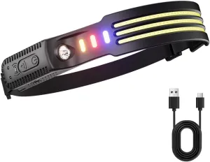 LED Headlamp with Motion Sensor, 230° Wide Beam, USB Rechargeable, Waterproof, 6 Light Modes